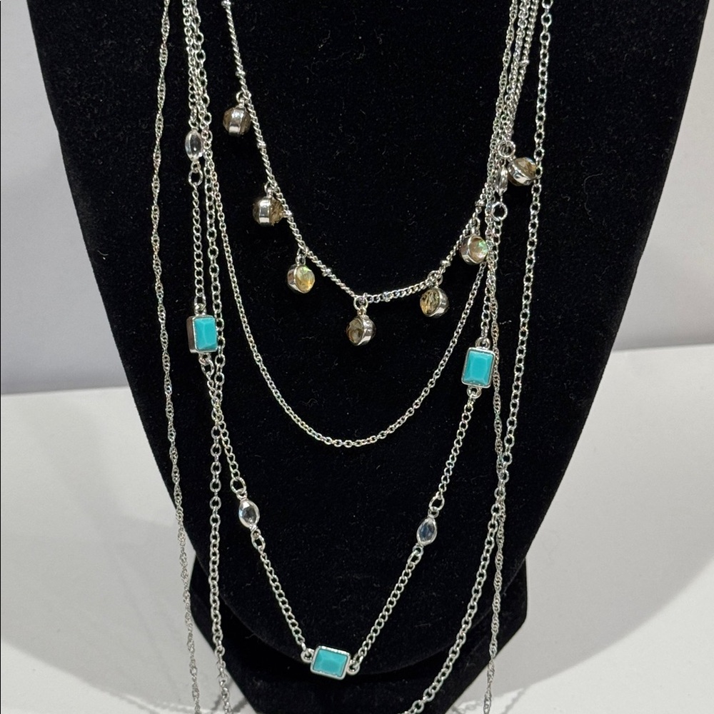 C Silver Tone multi strand layered Necklace with Turquoise and Jasper Accents - Picture 2 of 11